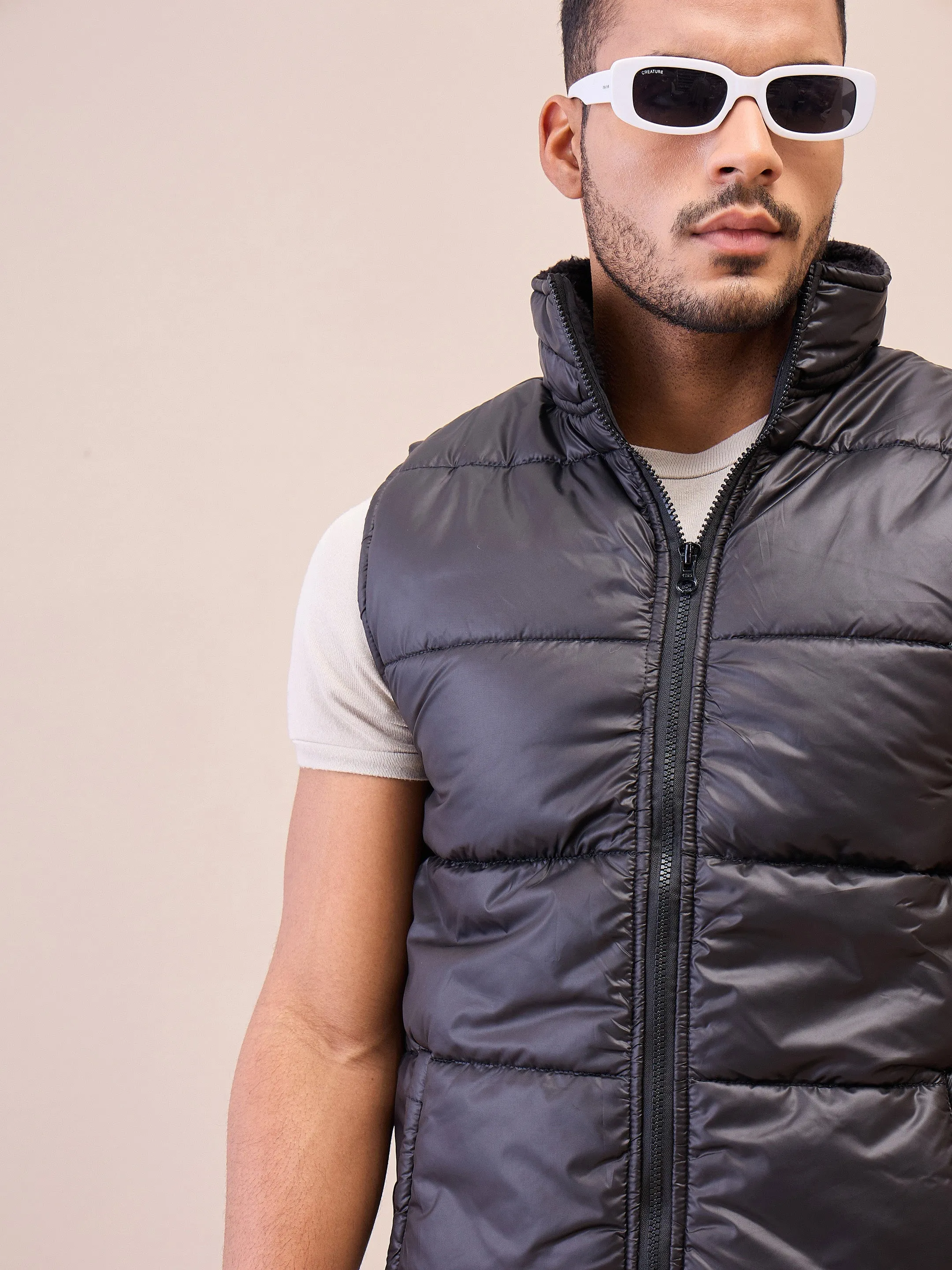 Men Black Fur Collar Puffer Sleeveless Jacket