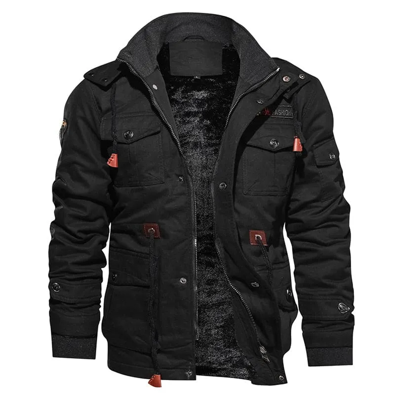 Men Zip Up Multi-Pocket Drawstring Thermal Military Winter Hooded Coat