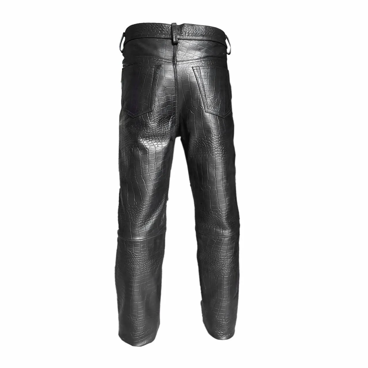 Mens Black Leather Crocodile Print 501 Style Jeans Pants Trouser Bikers Club