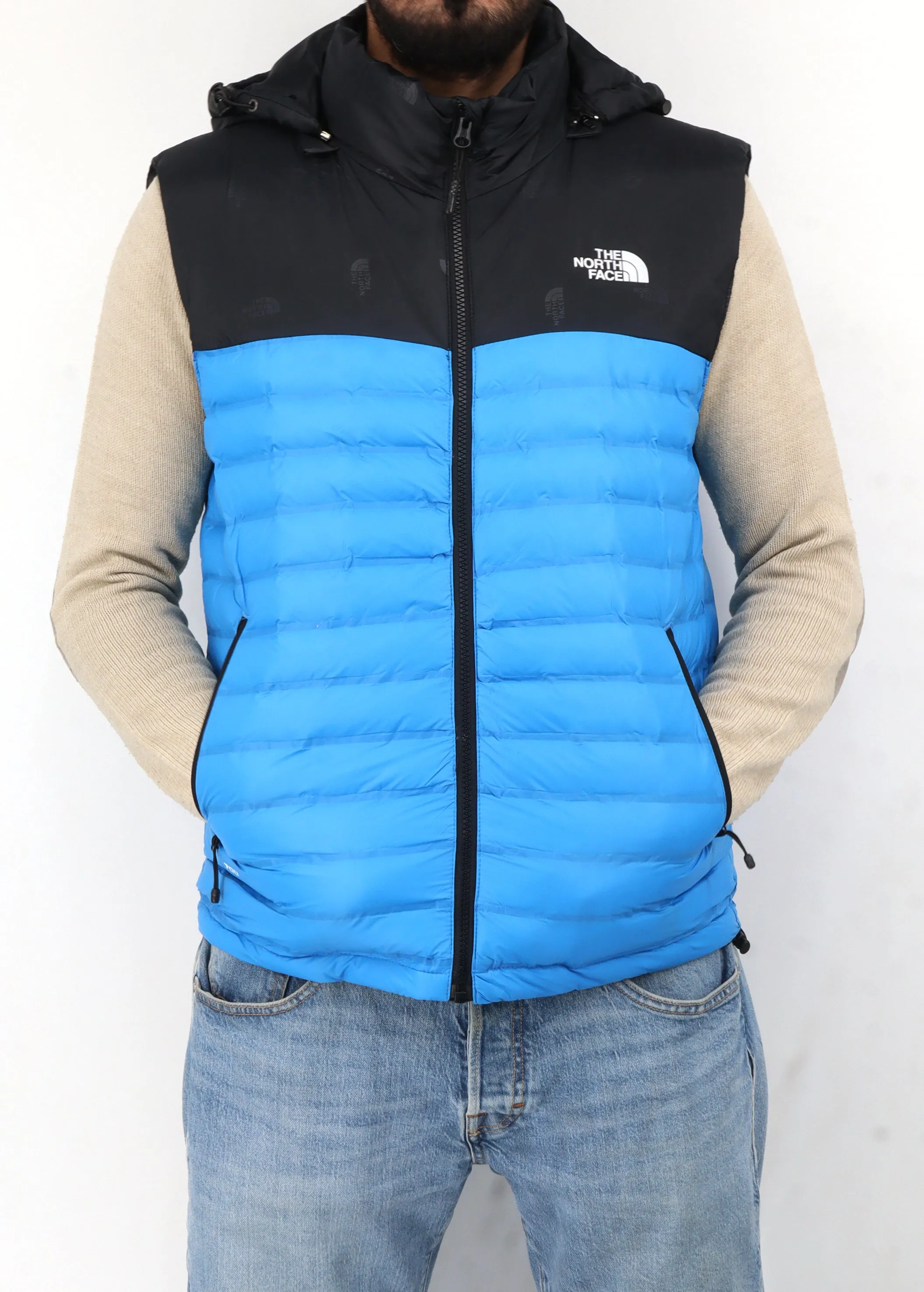 Men's Brand Logo Printed Puffer Vest,Black/Blue