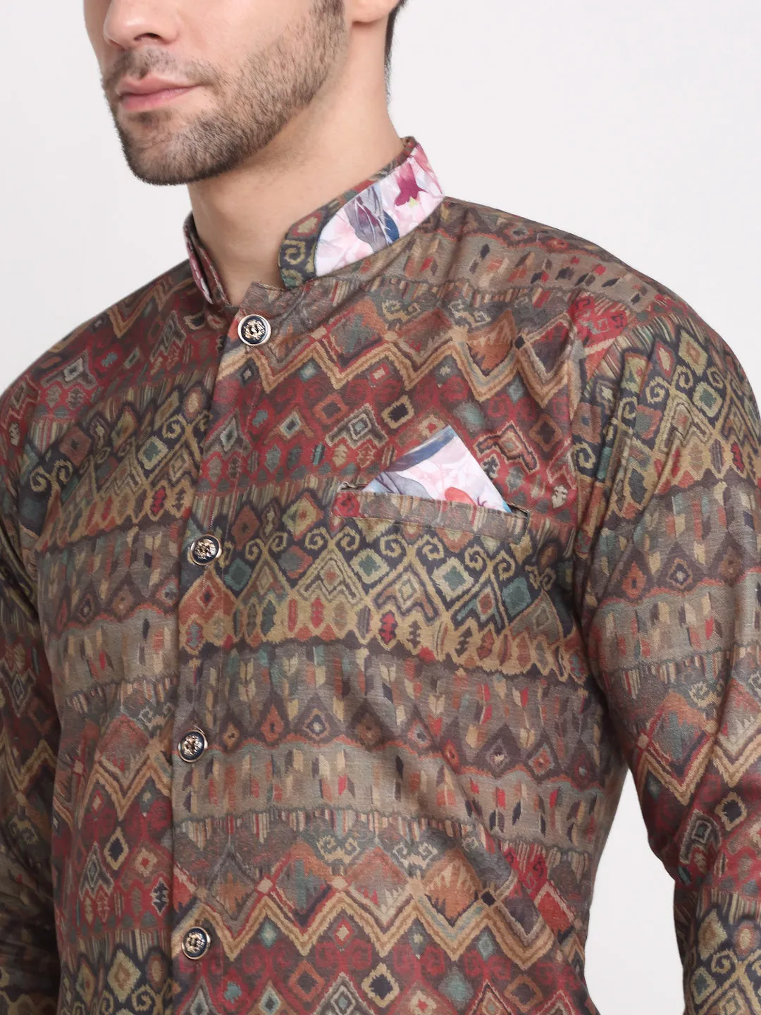 Men's Brown & Beige Printed Kurta With White Pyjamas Set - Benstoke