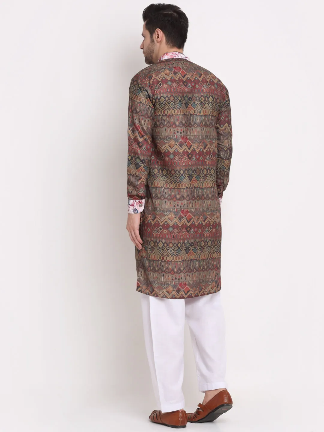 Men's Brown & Beige Printed Kurta With White Pyjamas Set - Benstoke