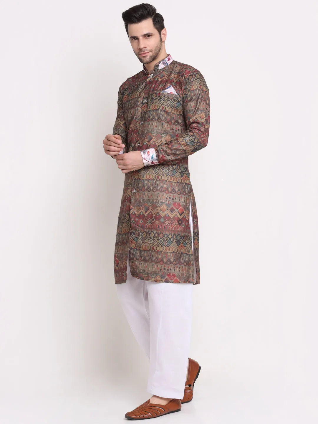 Men's Brown & Beige Printed Kurta With White Pyjamas Set - Benstoke