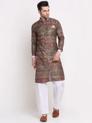 Men's Brown & Beige Printed Kurta With White Pyjamas Set - Benstoke