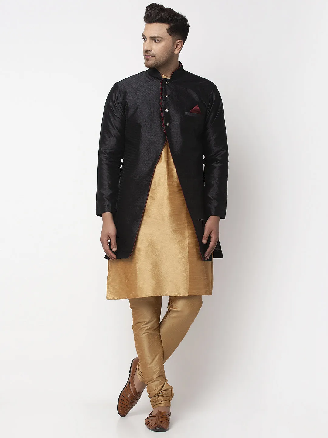 Men's Copper Kurta With Pyjama & Black Self Design Jacket - Benstoke