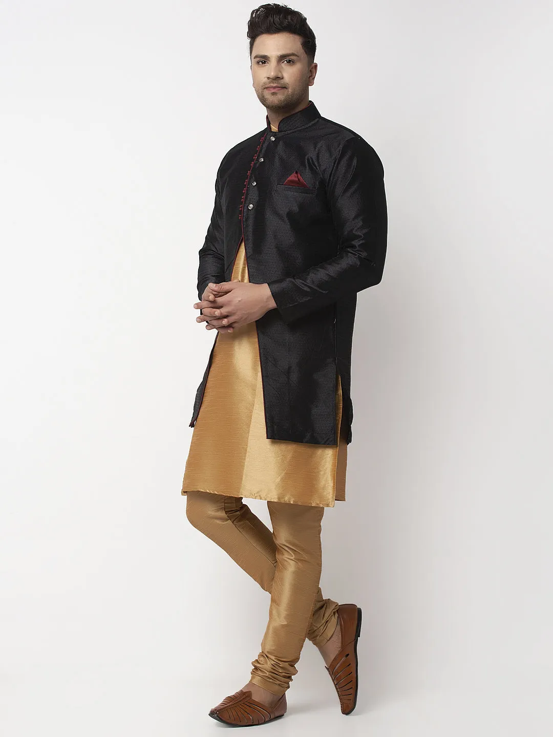 Men's Copper Kurta With Pyjama & Black Self Design Jacket - Benstoke