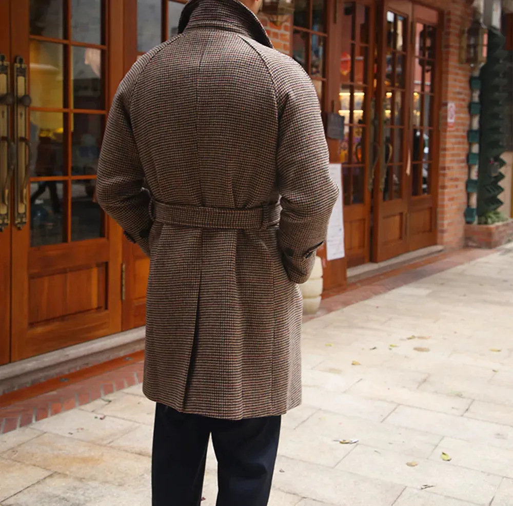 Men's Long Woolen Trench Coat with Hound's Tooth Pattern