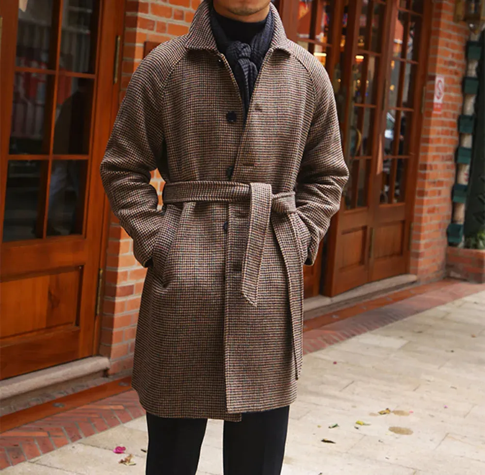 Men's Long Woolen Trench Coat with Hound's Tooth Pattern