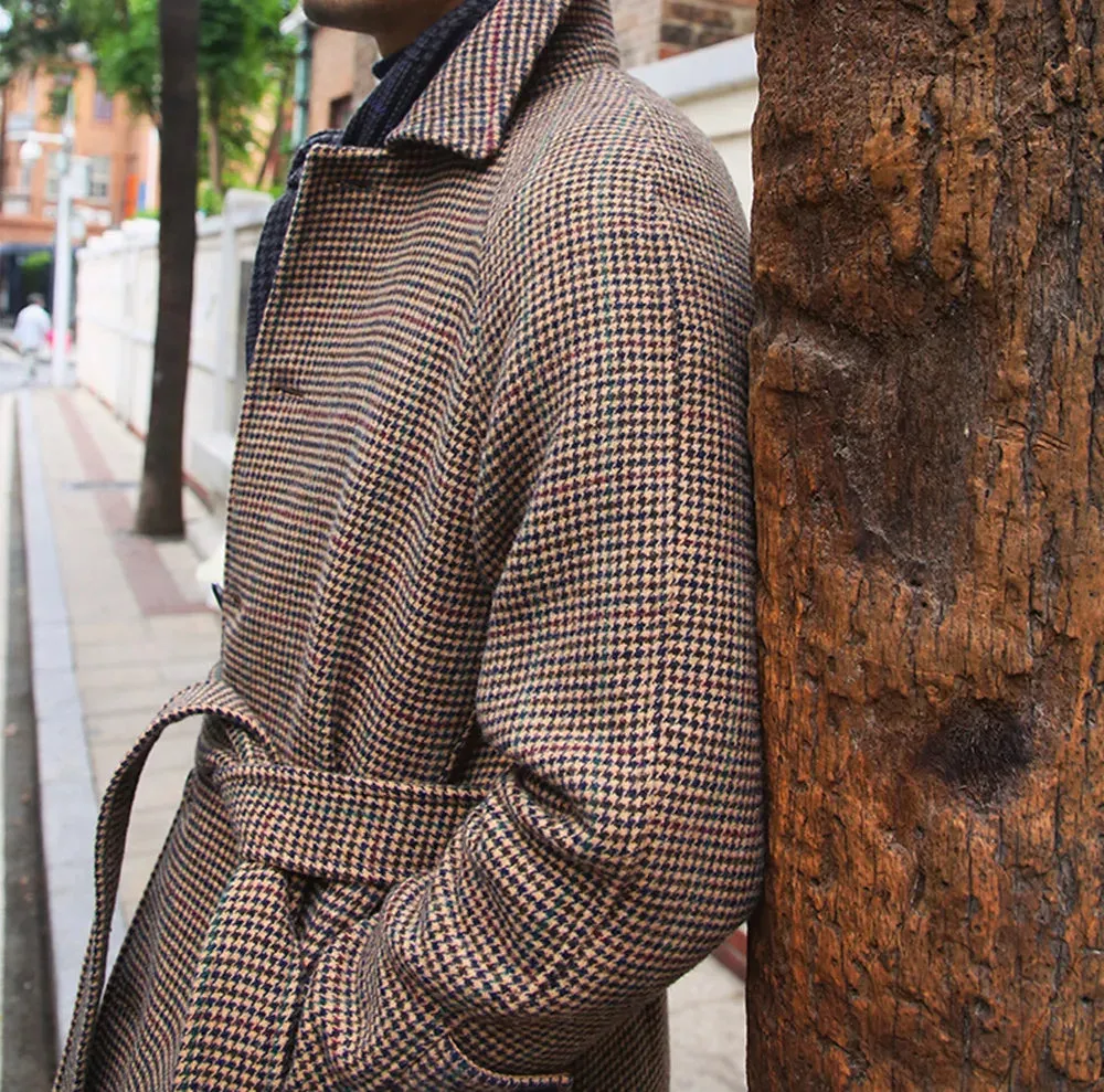 Men's Long Woolen Trench Coat with Hound's Tooth Pattern