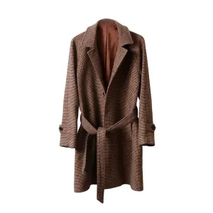 Men's Long Woolen Trench Coat with Hound's Tooth Pattern