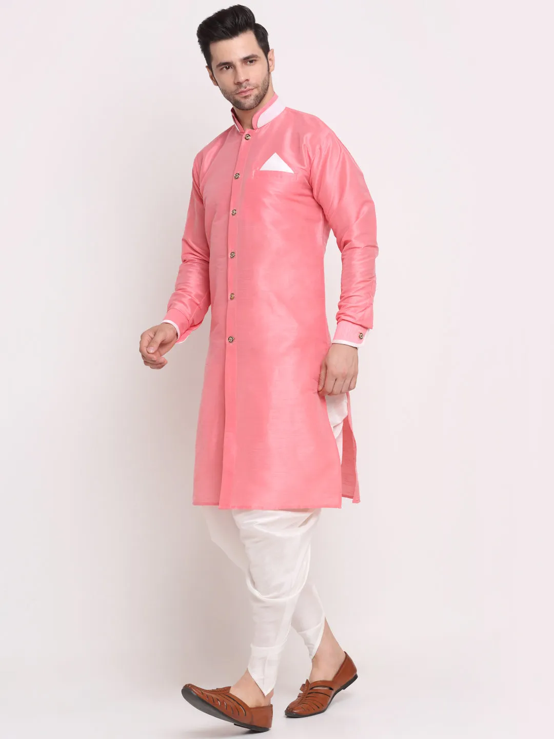 Men's Pink Solid Kurta With White Dhoti Pant - Benstoke