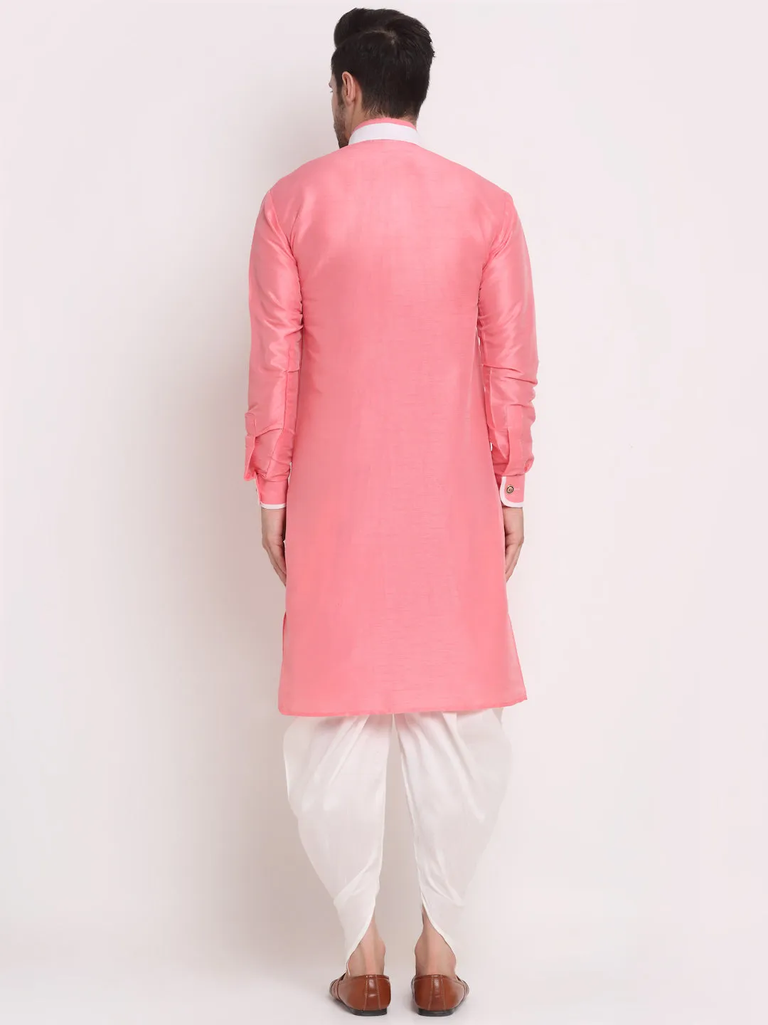 Men's Pink Solid Kurta With White Dhoti Pant - Benstoke