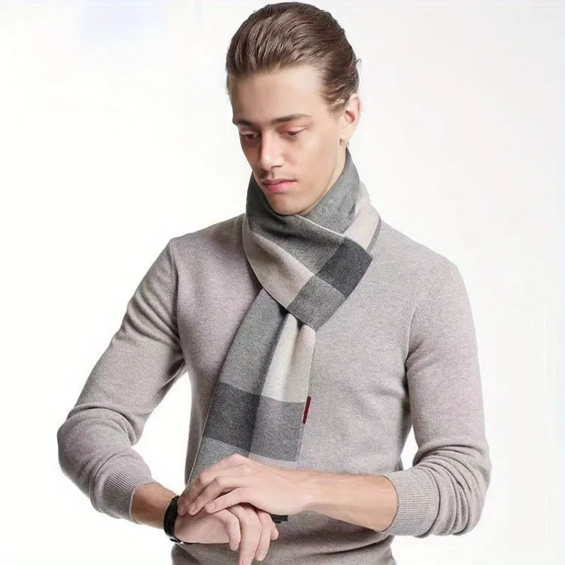 Men's Plaid Print Business Faux Cashmere Thermal Scarf Casual, Versatile, Elongated, Simple Scarf