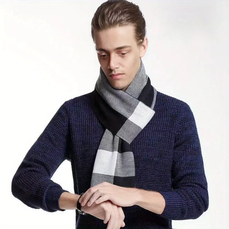 Men's Plaid Print Business Faux Cashmere Thermal Scarf Casual, Versatile, Elongated, Simple Scarf