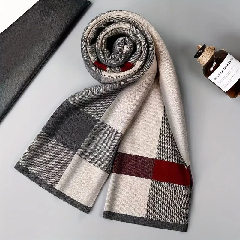 Men's Plaid Print Business Faux Cashmere Thermal Scarf Casual, Versatile, Elongated, Simple Scarf