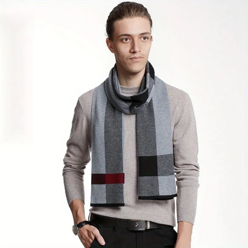 Men's Plaid Print Business Faux Cashmere Thermal Scarf Casual, Versatile, Elongated, Simple Scarf