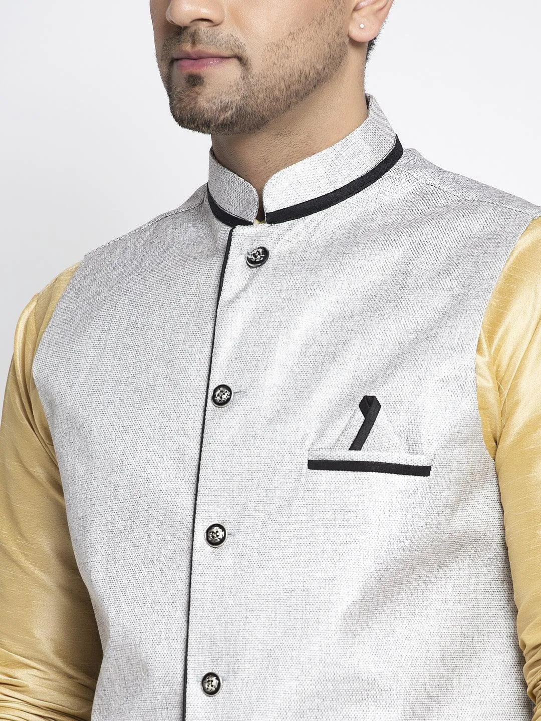 Men's Silk Blend Gold Kurta With Pyjama & Grey Nehru Jacket - Benstoke