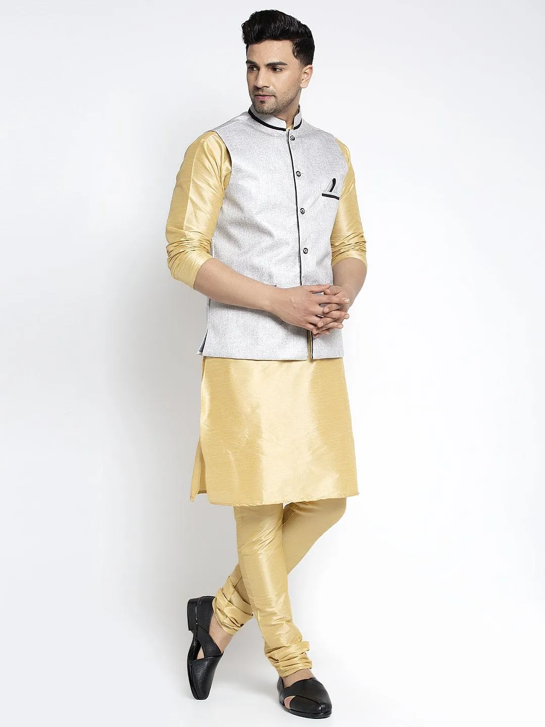 Men's Silk Blend Gold Kurta With Pyjama & Grey Nehru Jacket - Benstoke