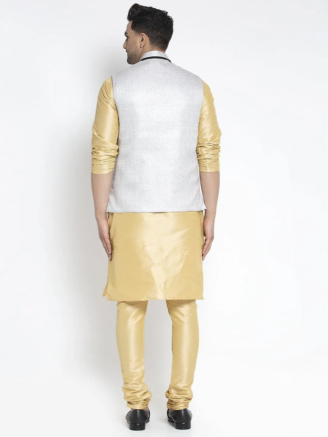 Men's Silk Blend Gold Kurta With Pyjama & Grey Nehru Jacket - Benstoke