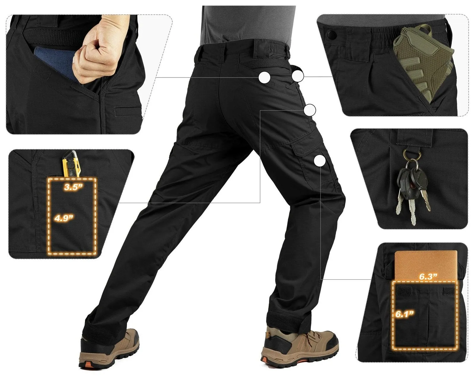 Men's Tactical Pants, Water-Resistant Ripstop Cargo Pants, Lightweight Hiking Work Pants, Outdoor Apparel Black