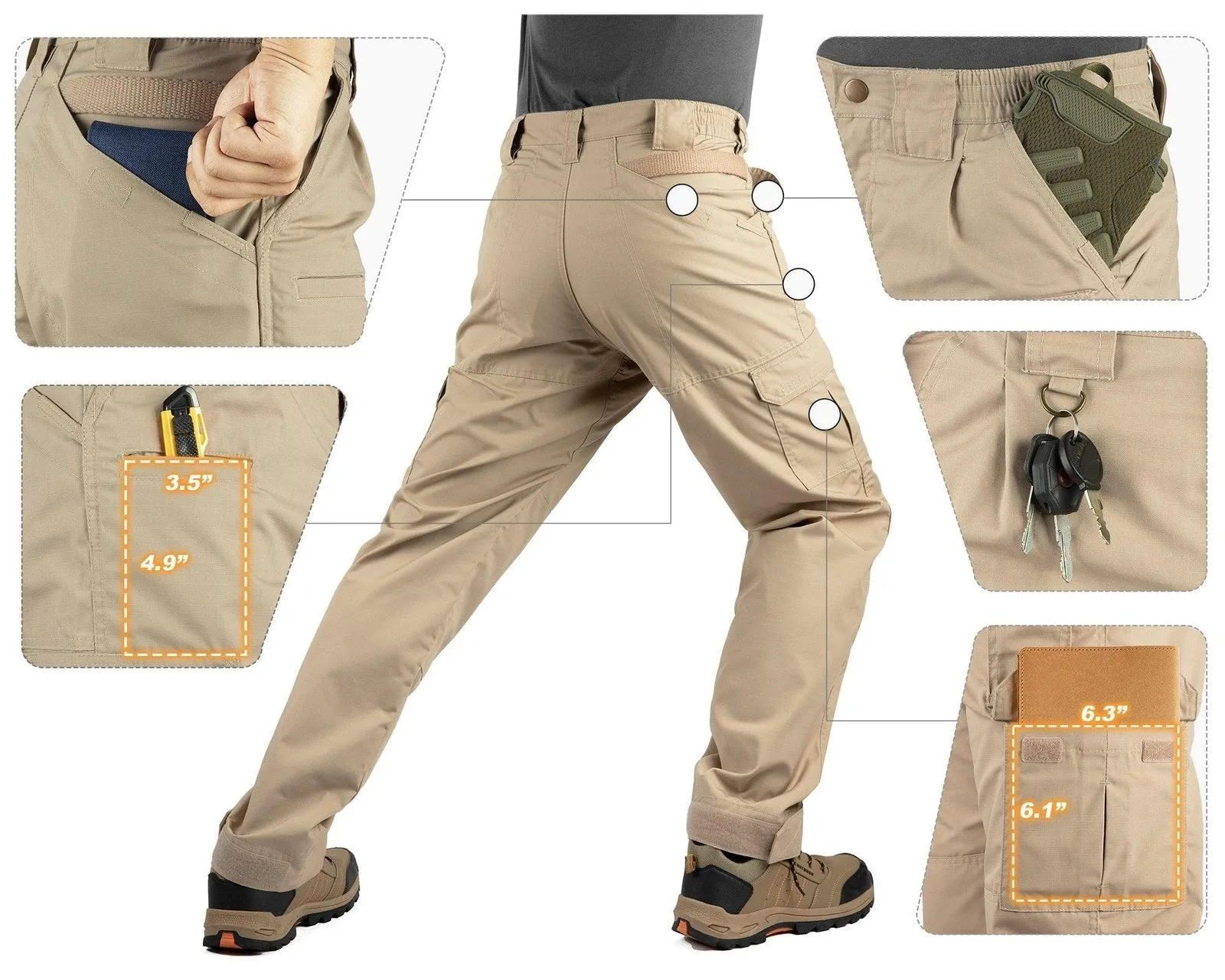 Men's Tactical Pants, Water-Resistant Ripstop Cargo Pants, Lightweight Hiking Work Pants, Outdoor Apparel Black