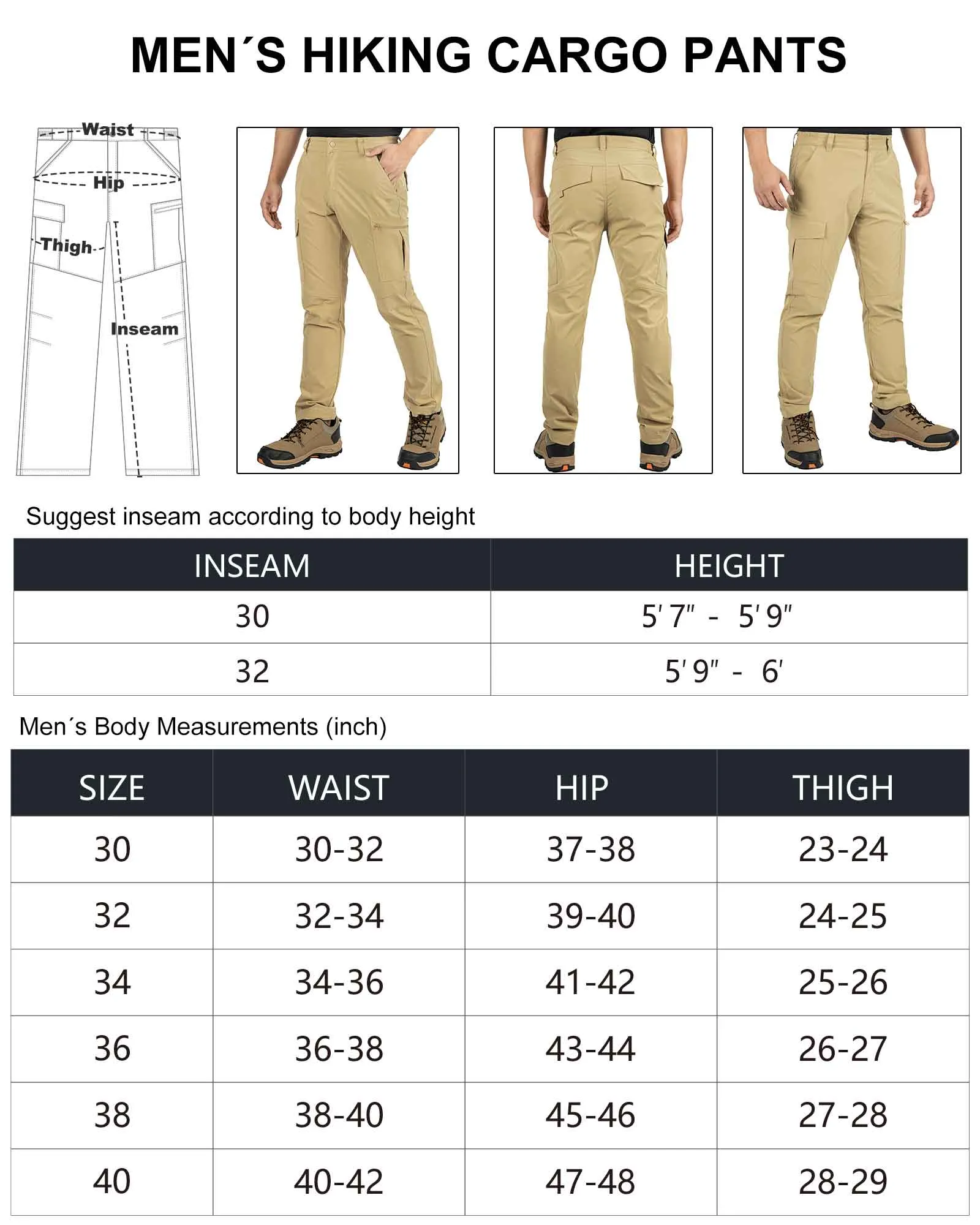 Men's Water Resistant Hiking Cargo Pants with 6 Pockets