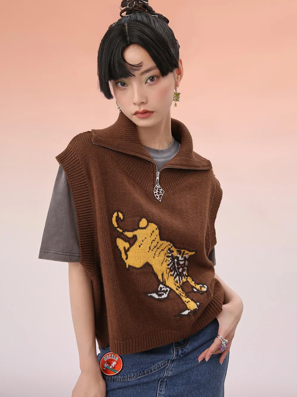 MUKZIN Brown Knitted Loose Short Vest