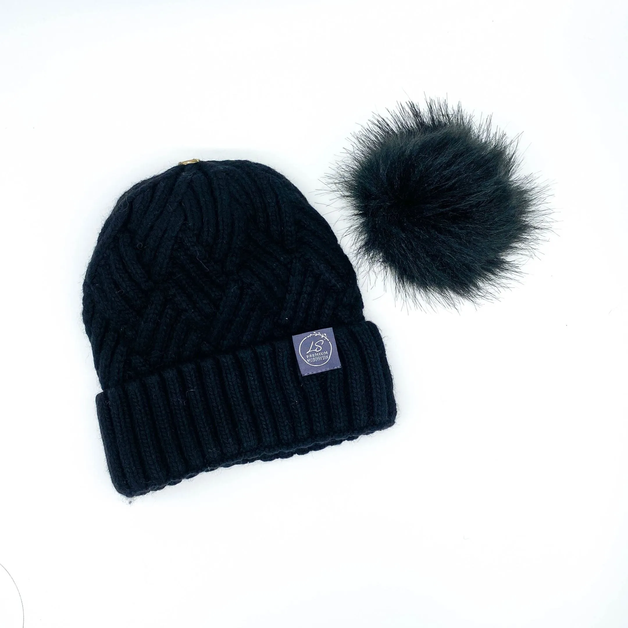 Mulberry Silk-Lined Cashmere Beanie Hat With Removable Pom Pom - Black