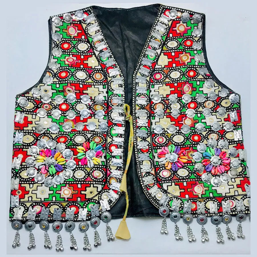 Multicolor Handmade Vest With Silver Motifs and Shells