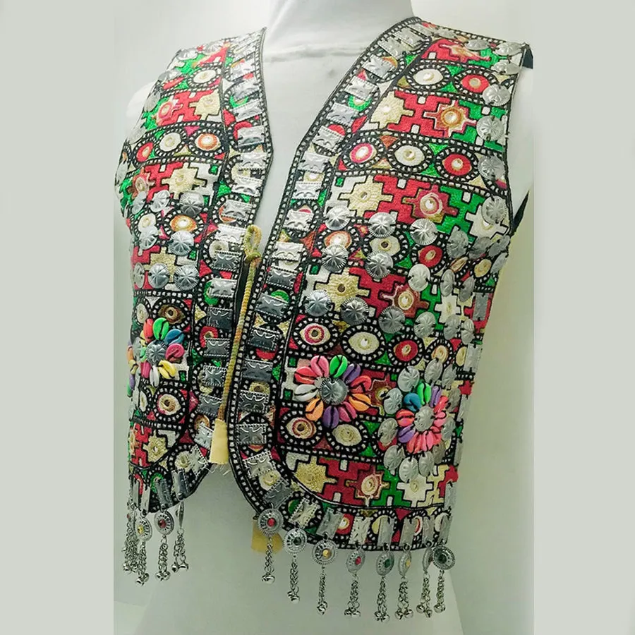 Multicolor Handmade Vest With Silver Motifs and Shells