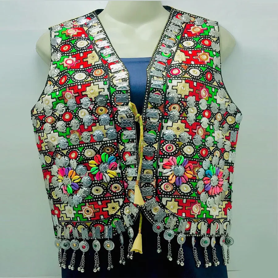 Multicolor Handmade Vest With Silver Motifs and Shells