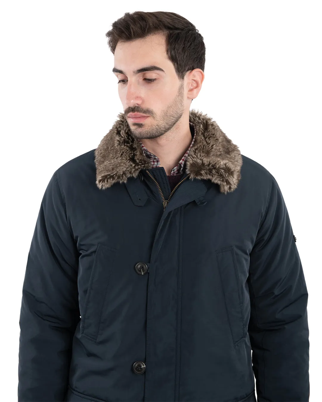 Navy Parka With Detachable Faux Fur Collar