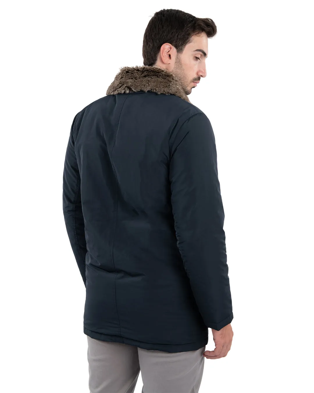 Navy Parka With Detachable Faux Fur Collar