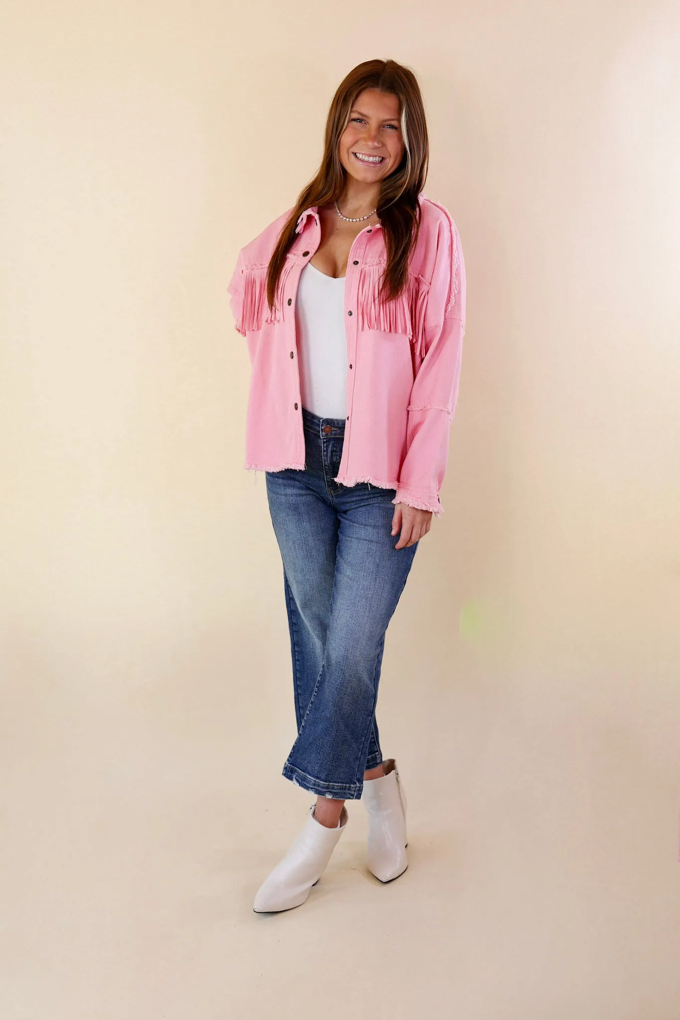 Not A Secret Fringe Button Up Jacket with Raw Hem in Electric Pink