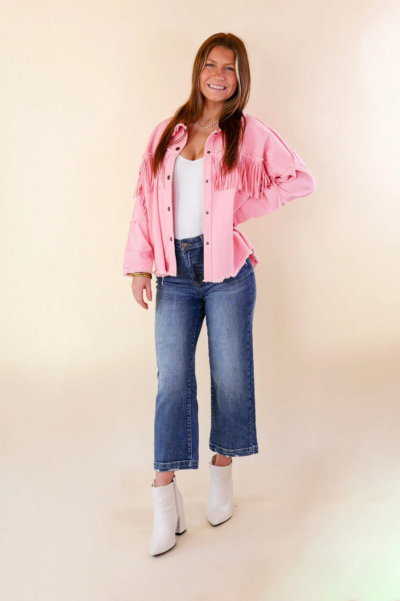 Not A Secret Fringe Button Up Jacket with Raw Hem in Electric Pink