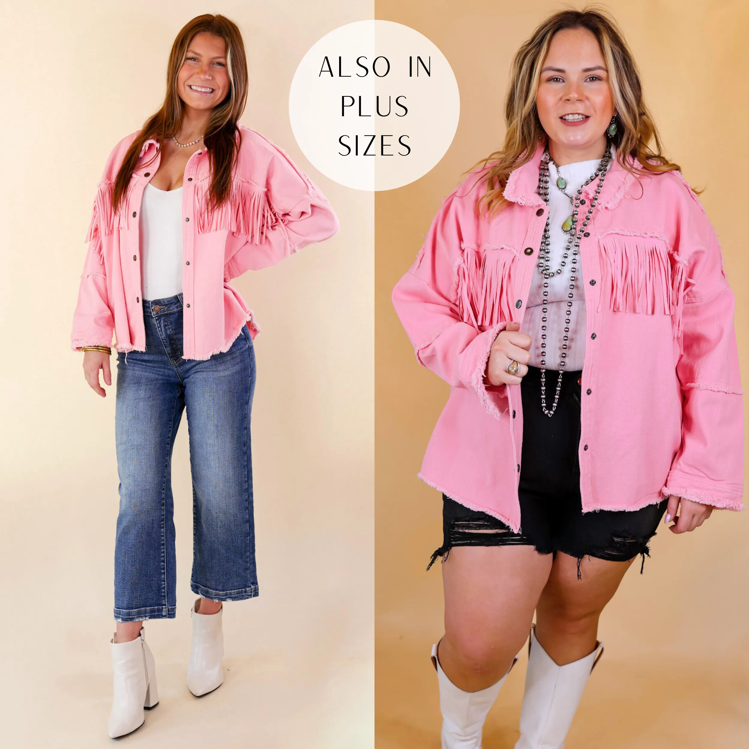 Not A Secret Fringe Button Up Jacket with Raw Hem in Electric Pink