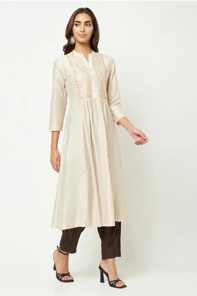 Off White Embroidered Flared Kurta