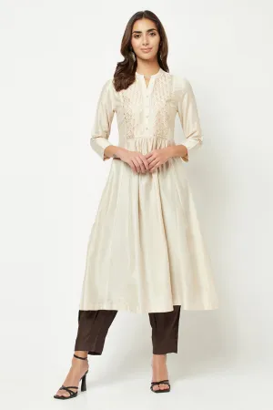 Off White Embroidered Flared Kurta