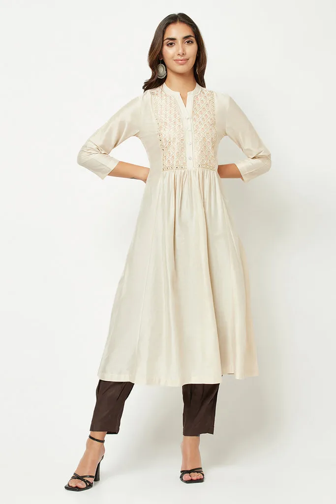 Off White Embroidered Flared Kurta