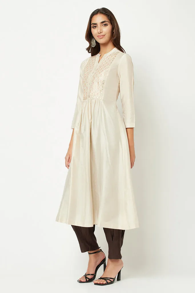 Off White Embroidered Flared Kurta