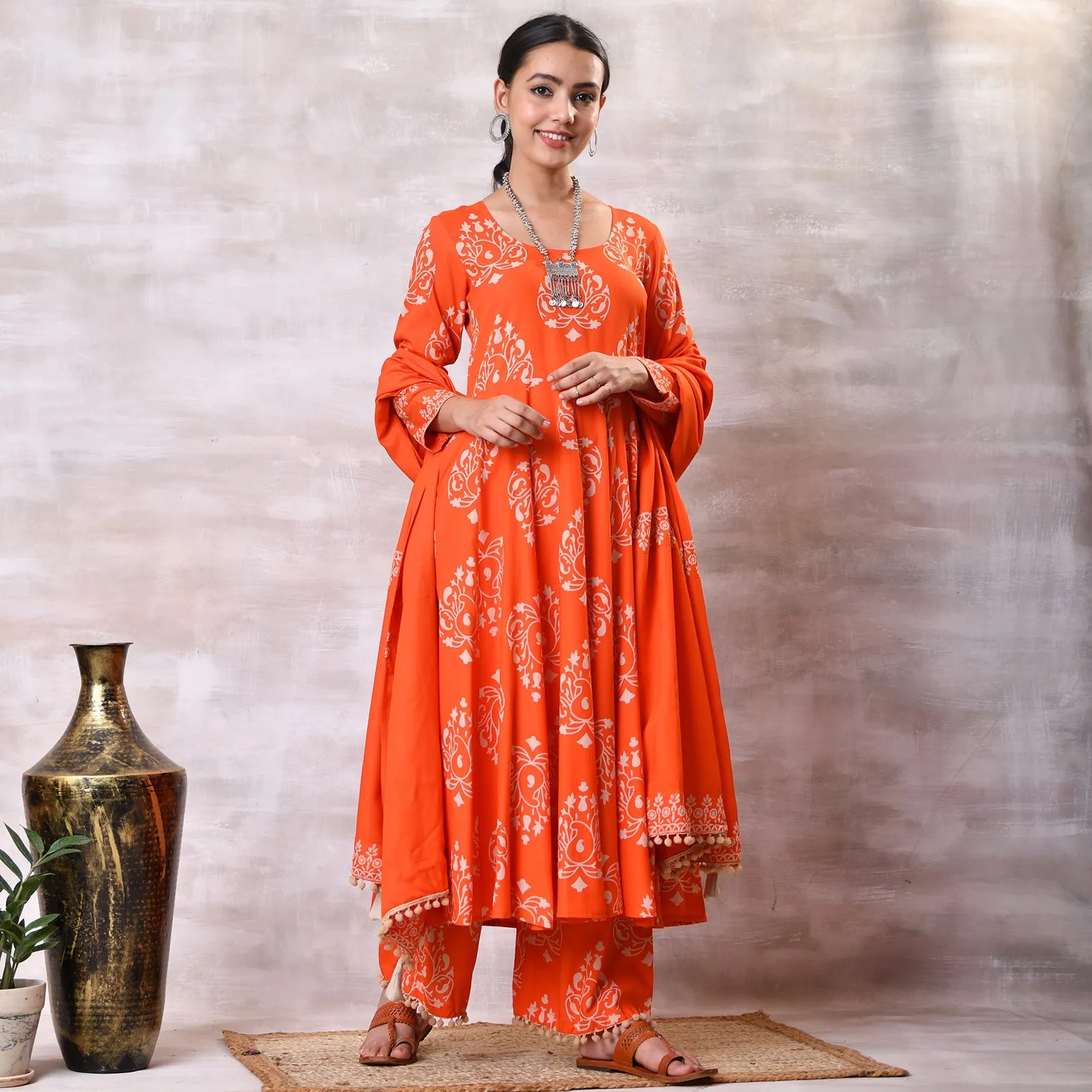 Orange Flared Kurta Dupatta Pant Set with Pompom Details