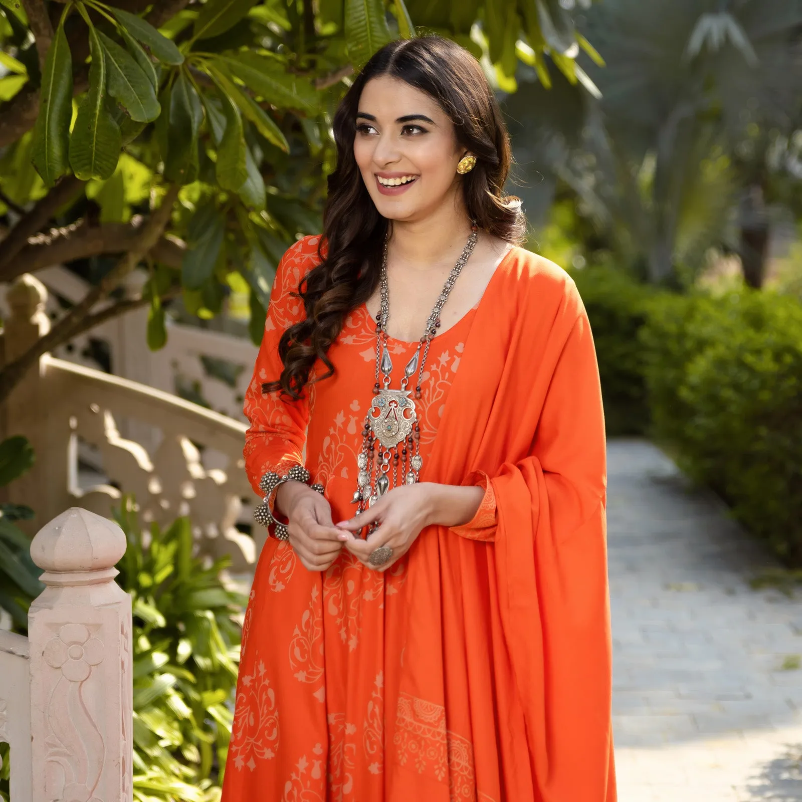 Orange Flared Kurta Dupatta Pant Set with Pompom Details