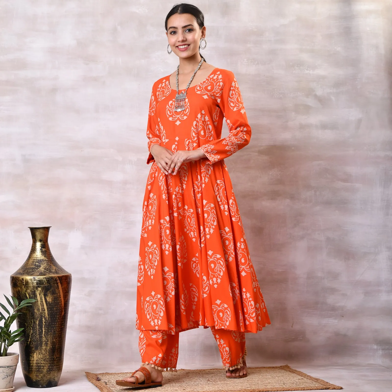 Orange Flared Kurta Dupatta Pant Set with Pompom Details