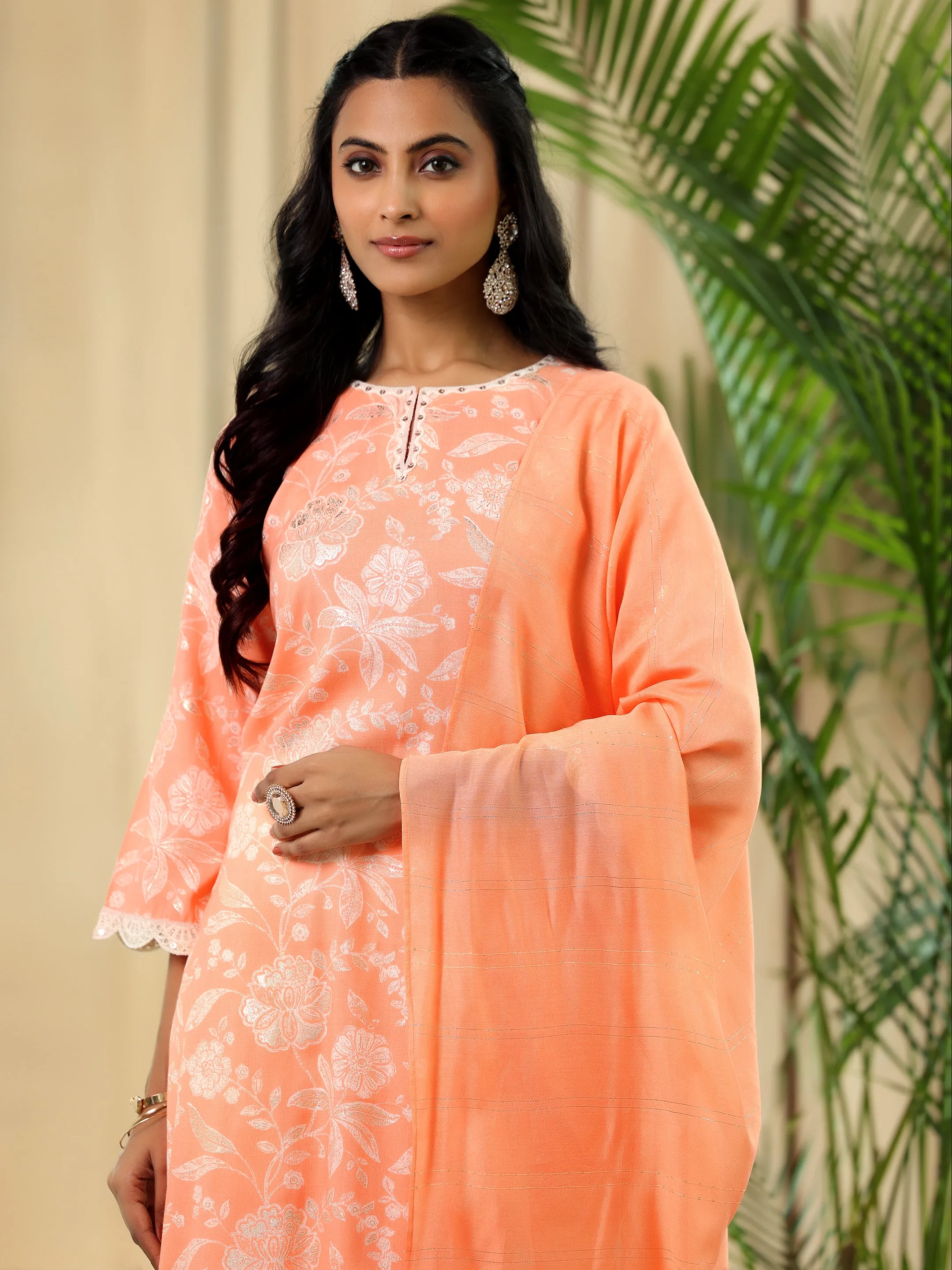 Orange Printed Cotton Blend Straight Suit With Dupatta