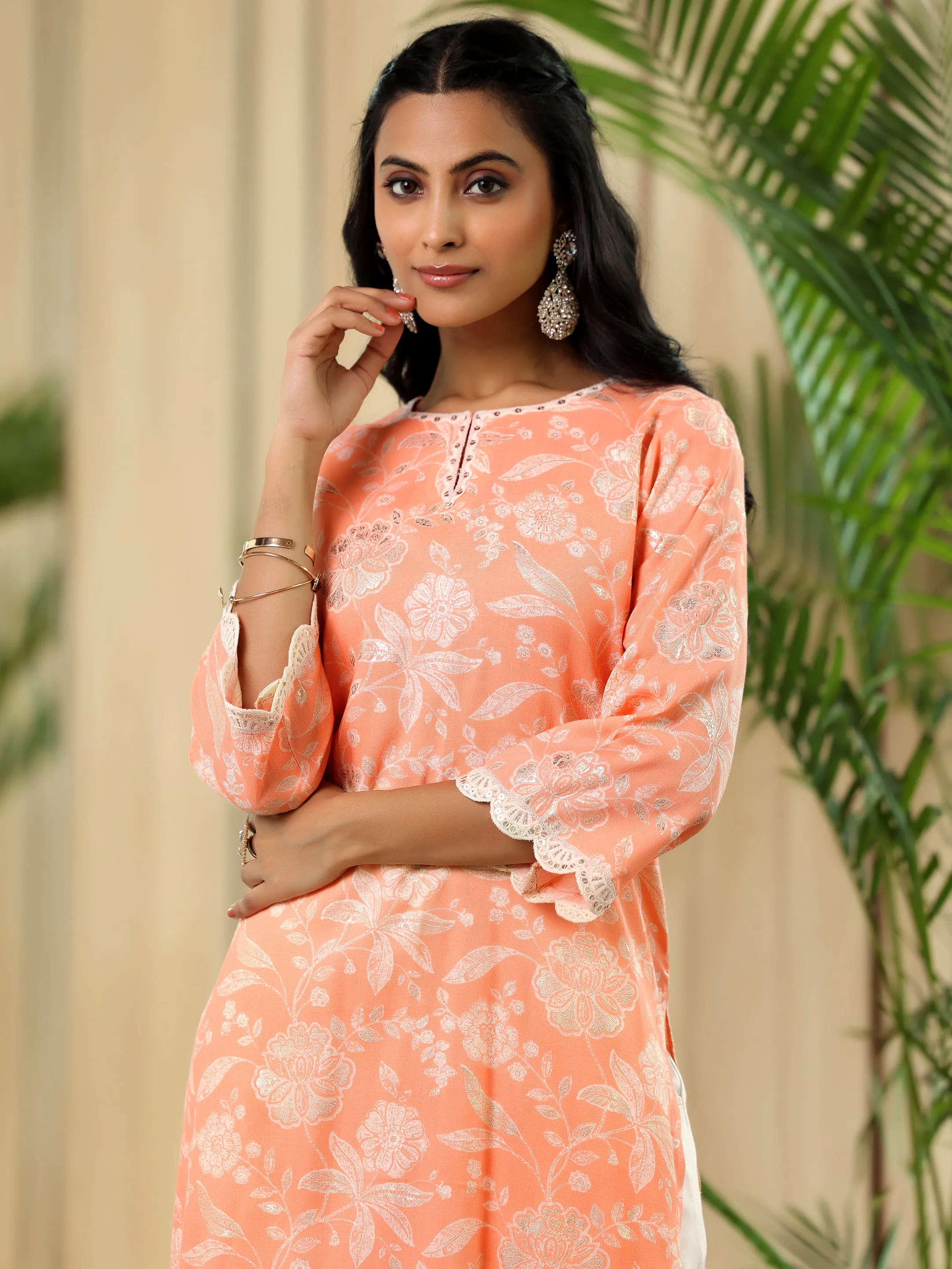 Orange Printed Cotton Blend Straight Suit With Dupatta