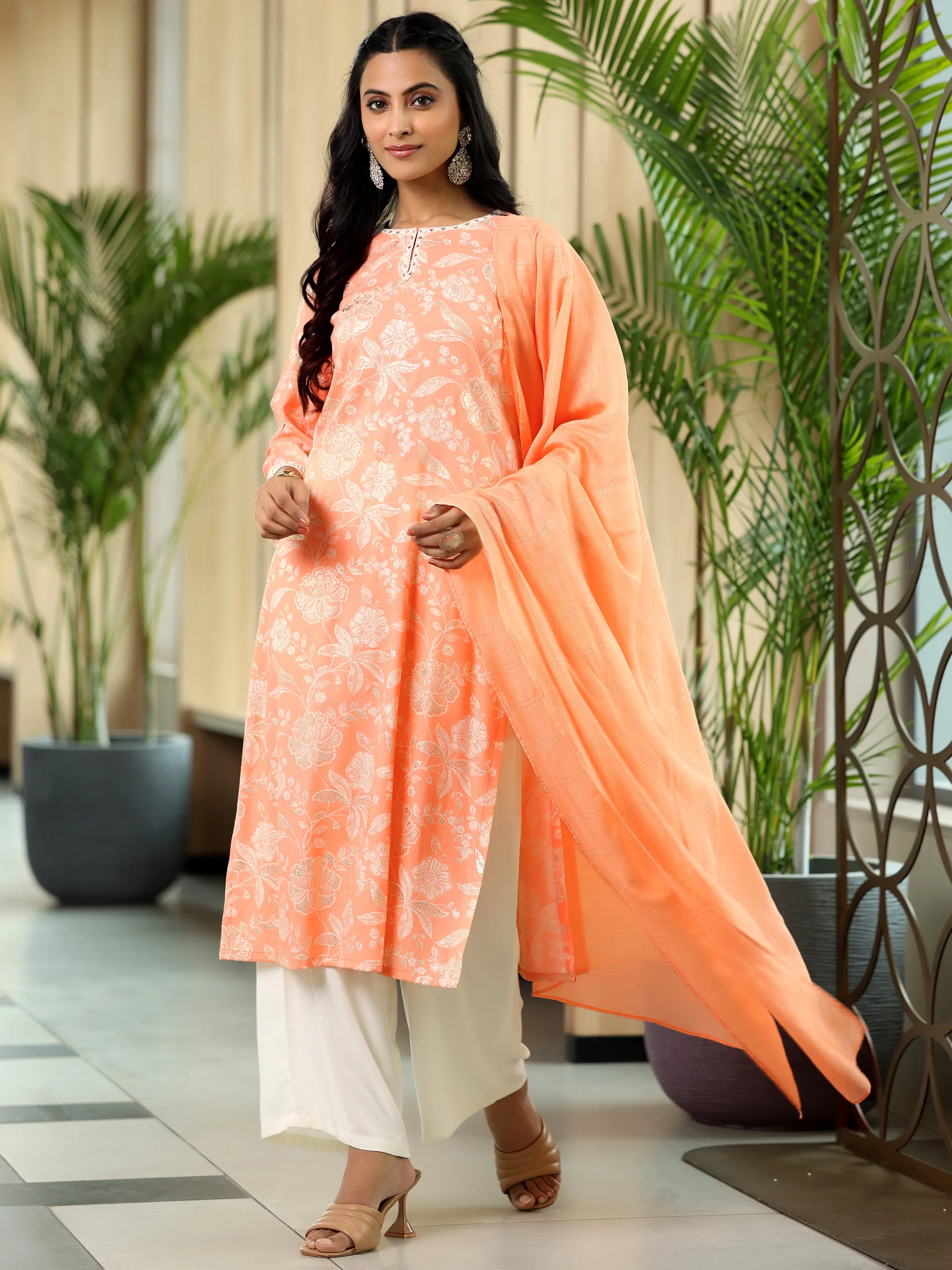 Orange Printed Cotton Blend Straight Suit With Dupatta