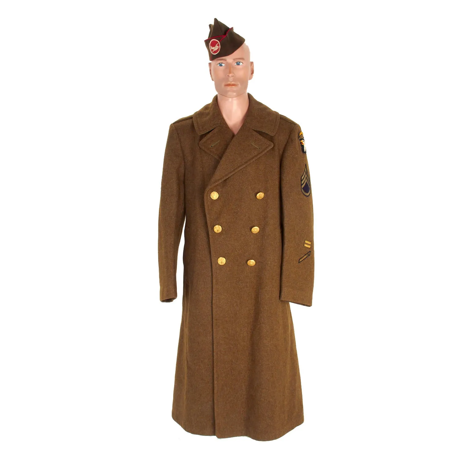 Original U.S. WWII 101st Airborne Division Melton Wool Overcoat and Overseas Cap - Size 38R