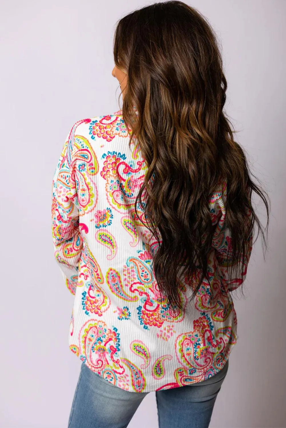 Paisley Pattern Print Buttoned Corduroy Shacket