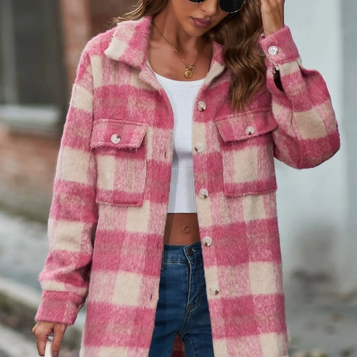 Pink Plaid Button Down Shacket