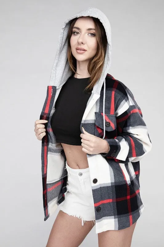 Plaid Drawstring Hooded Fleece Shacket